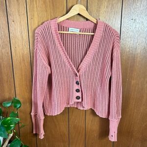 Urban Outfitters Pink Crochet Knit Button Front Cardigan Sweater Distressed S‎